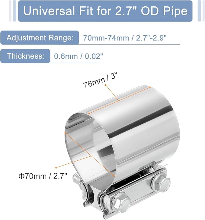 uxcell 2.7 Inch Exhaust Clamp, 304 Stainless Steel Butt Joint Band Clamp Sleeve Coupler Pipe Repair Clamp Universal Widening Clamp for Exhaust Pipes Mufflers, Silver