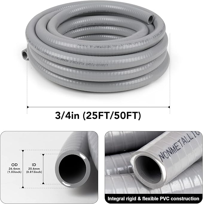 3/4inch 100ft Liquid-Tight Conduit and Connector Kit,Flexible Non Metallic Liquid Tight Electrical Conduit Kit with 5* Straight and 3 * 90-Degree Connector Fittings,3/4 in. Dia