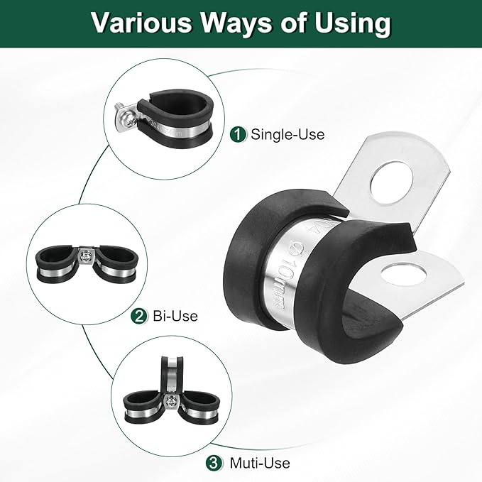 uxcell 3/8" (10mm) Stainless Steel Rubber Cushioned Insulated R-Shape Pipe Clamp, 16Pcs