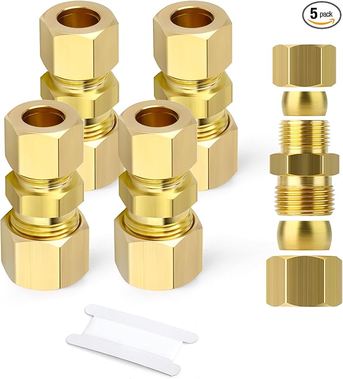 GASHER 5PCS Brass Compression Tube Pipe Fitting Connector, 8mmx12mm Tube OD Connector