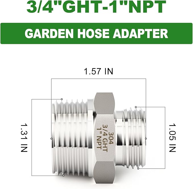 TAISHER 2PCS 304 Stainless Steel Garden Hose Adapter, 3/4" GHT Male x 1" NPT Male Garden Hose Connector with Washers