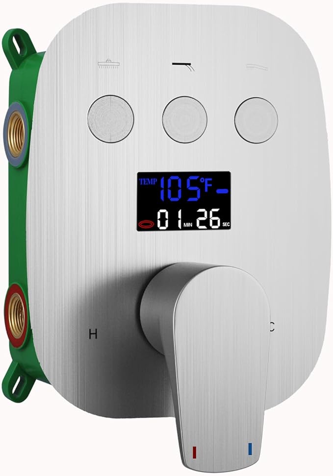 3 Way Shower Mixer Valve Kit Brushed Nickel Solid Brass Digital Display Temperature Control Pressure Balancing Mixer Shower Diverter Valve Kit Replacement