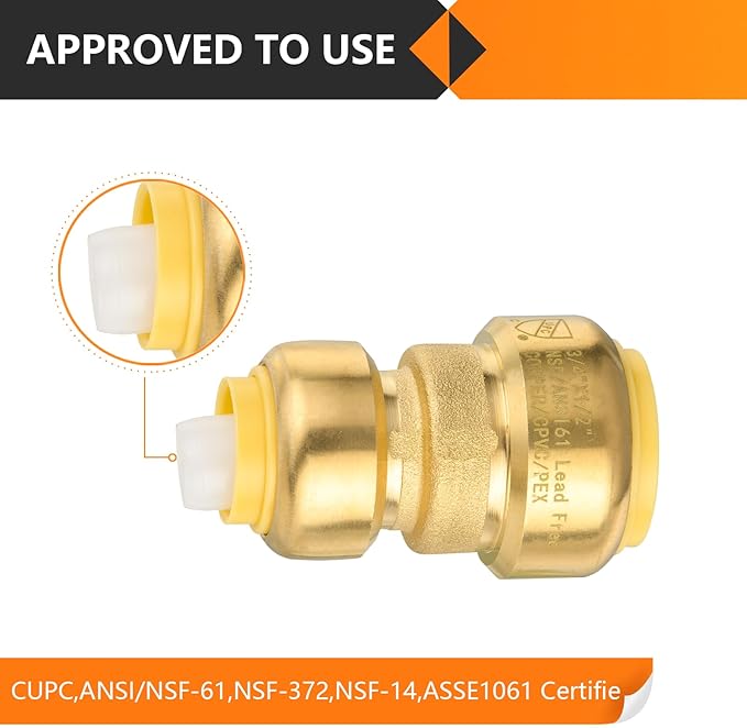 20-Pack HeSun Pushfit Coupling, 3/4"x1/2" Push to Connect Plumbing Fittings with Disconnect Clip, Brass Push-fit Fittings for PEX, Copper, CPVC, PE-RT Pipes(PF017-20)