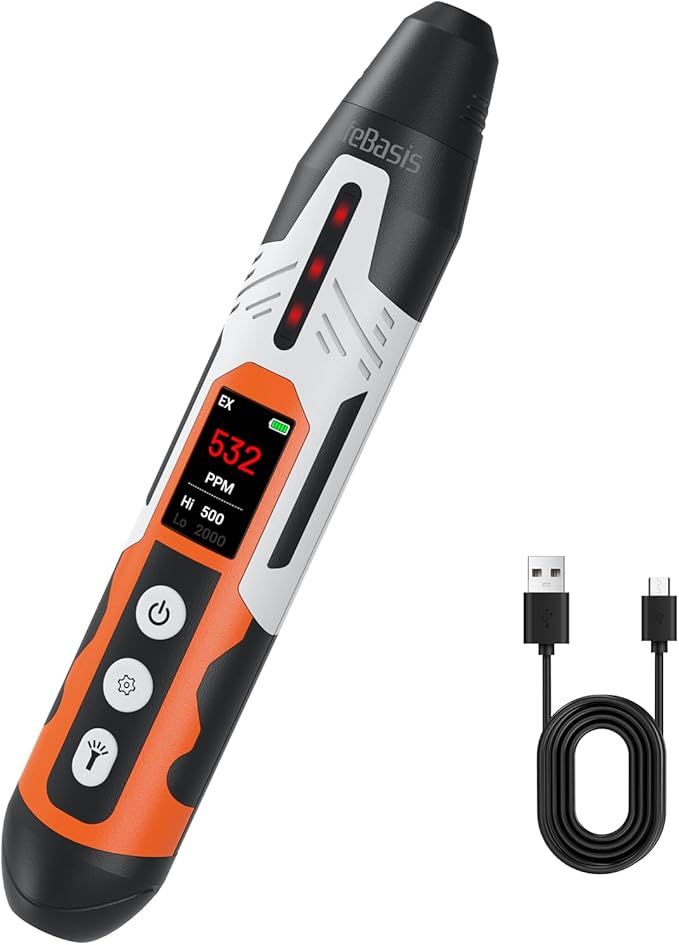 LifeBasis Rechargeable Natural Gas Detector with TFT Display, Gas Leak Detector 0.5s Fast Response, 0-9999PPM Range Built-in Light for Combustible Gas/LPG/Methane/Propane, Gas Sniffer for Car, Vehicle