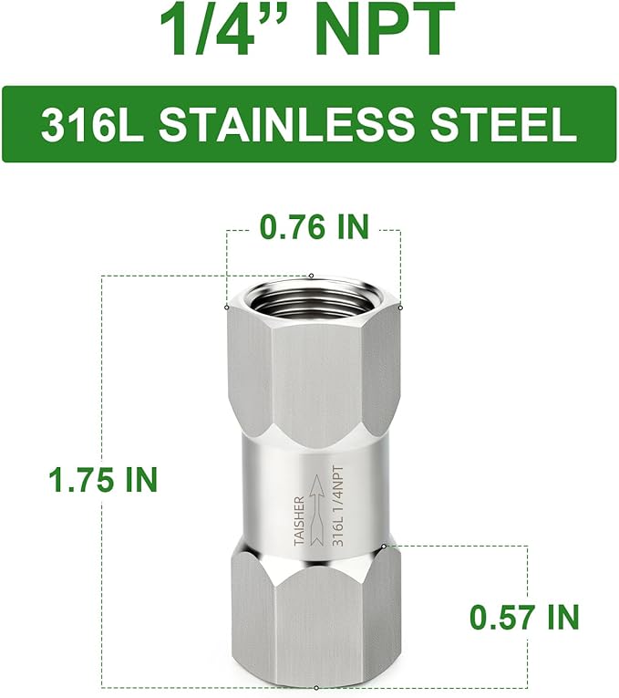 TAISHER 1PCS 316L Stainless Steel 1/4" NPT Female Check Valve,Backflow Prevention,One Way Non-Return Check Valves