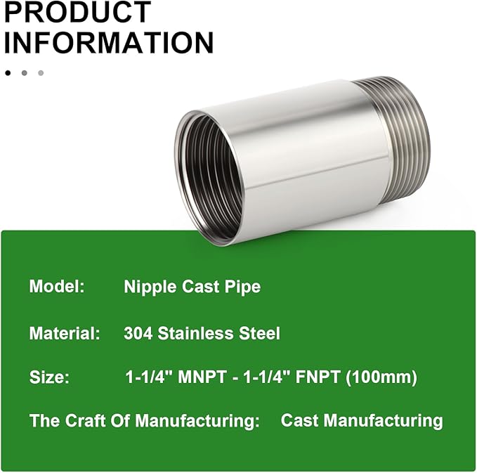 TAISHER 1PCS Stainless Steel Pipe Fittings, 1-1/4" NPT Male x 1-1/4" NPT Female Threaded, 4" Length Nipple Cast Pipe