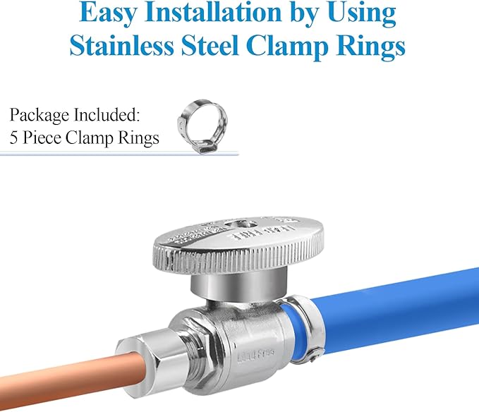 WiseWater Straight Stop Valve 1/2" PEX x 1/4" Compression, 1/4 Turn with 5 Stainless Steel Clamps for Easy Installation, Heavy Duty Chrome Brass PEX Shut Off Valve for Sink & Toilet (5-Pack)