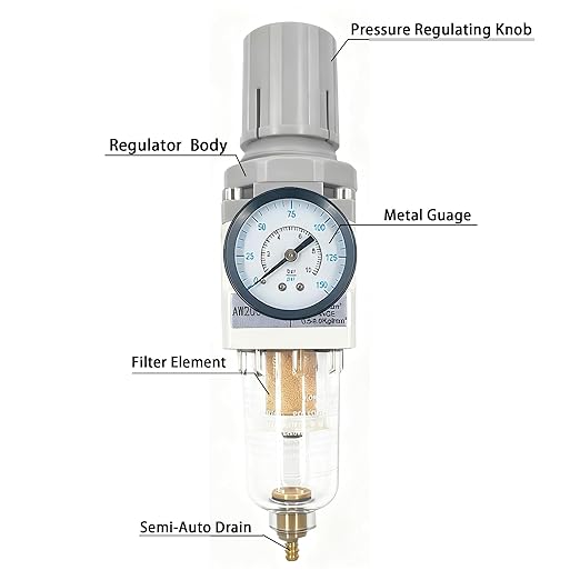 XingNEeng 1/4" NPT Compressed Air Filter Regulator Lubricator Combo, Water/Oil Trap Separator, Gauge(0-150 psi), Semi-Auto Drain, Poly Bowl, 5 Micron Brass Element, Bracket, for Pneumatic Systems