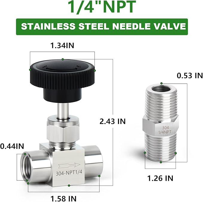 TAISHER 1PCS 304 Stainless Steel Straight Needle Valve 1/4" Female NPT For Flow Control Water Gas Oil With Nipple