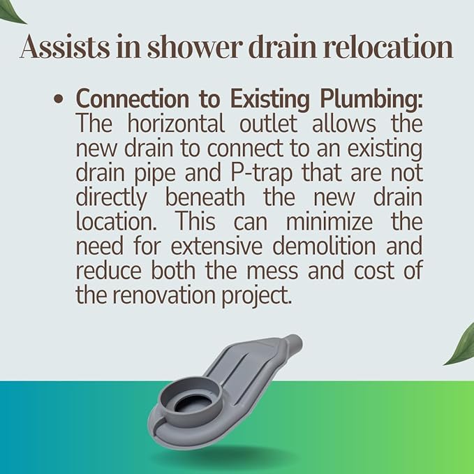 SereneDrains WOW Drain TM Horizontal Side Discharge Outlet Low Profile Shower Drain Assembly Reducer PVC Base Pipe Fitting P Trap (Without Drain)