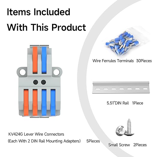 5Pcs Lever Wire Connectors, 2 in 4 Out, Push-in, 4-2.5 mm² Quick Wiring DIN Terminal Blocks, 30Pcs Wire Ferrules Terminals & 5.51 Inch DIN Rail Included