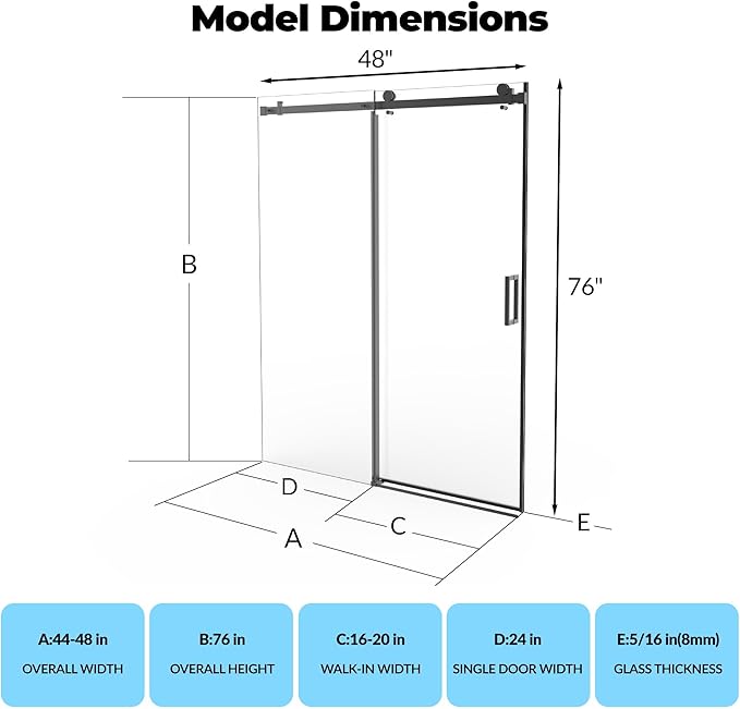 Frameless Sliding Shower Door Enclosure - 44 to 48 Inch Adjustable Width x 76Inch Height, 8mm Coated Tempered Safety Glass with Easy Clean, Square Stainless Steel Rail, Matte Black for Modern Bathroom
