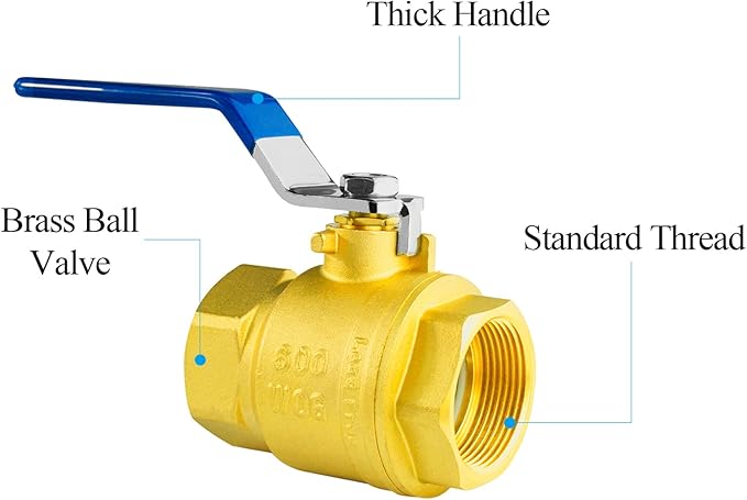 WiseWater 1.5" Full Port Brass Ball Valve - 1-1/2 Inch Female Threaded NPT With 1/4 Turn Blue Handle, 600 WOG, Plumbing Fitting, UPC Certified, 1 Pc