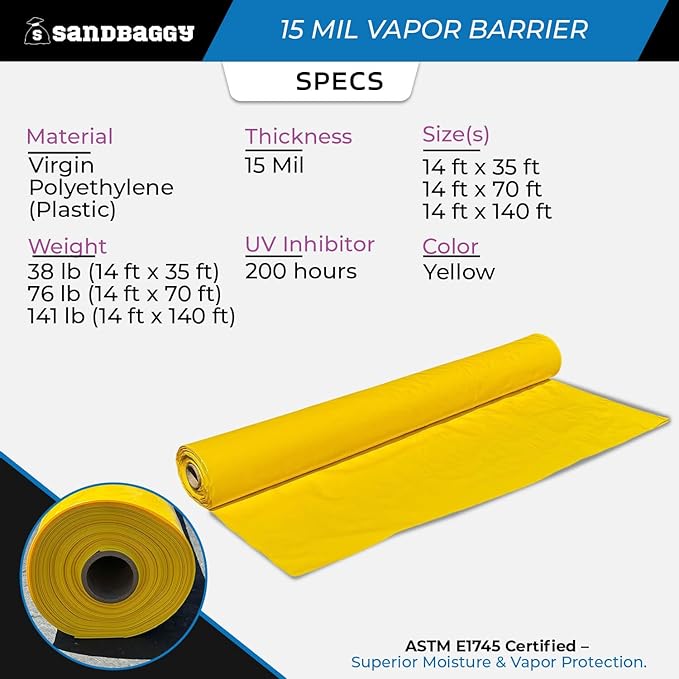15 Mil Vapor Barrier – Polyethylene Visqueen (USA Made) - Sandbaggy (14ftx70ft, 1, Count)