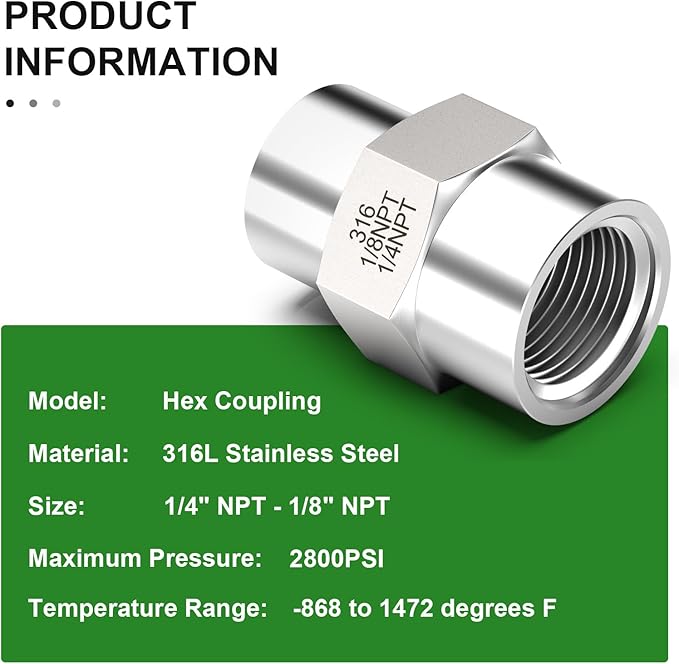 TAISHER 2PCS Forging of 316L Stainless Steel Pipe Fitting, Reducer Coupling, 1/4" NPT Female x 1/8" NPT Female, Reducing Pipe Adapter Fitting
