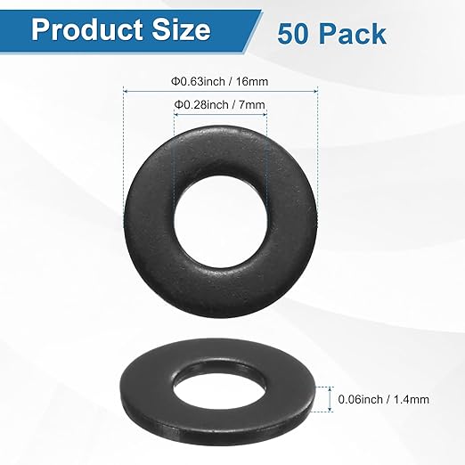 50-Pack 1/4" Flat Washers, 5/8" OD 304 Stainless Steel Washers for Bolts Screws Nuts for Automotive/Machinery/Furniture, Flat Metal Washers [Black Galvanized]