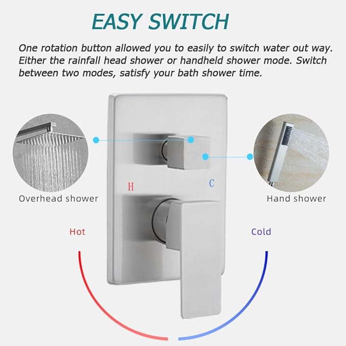 Brushed Nickel Shower System Bathroom Luxury Rain Mixer Shower Combo Set Wall Mounted Rainfall Shower Head System Shower Faucet Rough-in Valve Body and Trim Kit