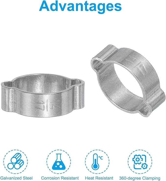 PATIKIL 25 Pack 14-17mm Double Ear Hose Clamp, 304 Stainless Steel O Clip Crimp Rings for Fuel Petrol Pipe Tube Fitting Connections, Silver Tone