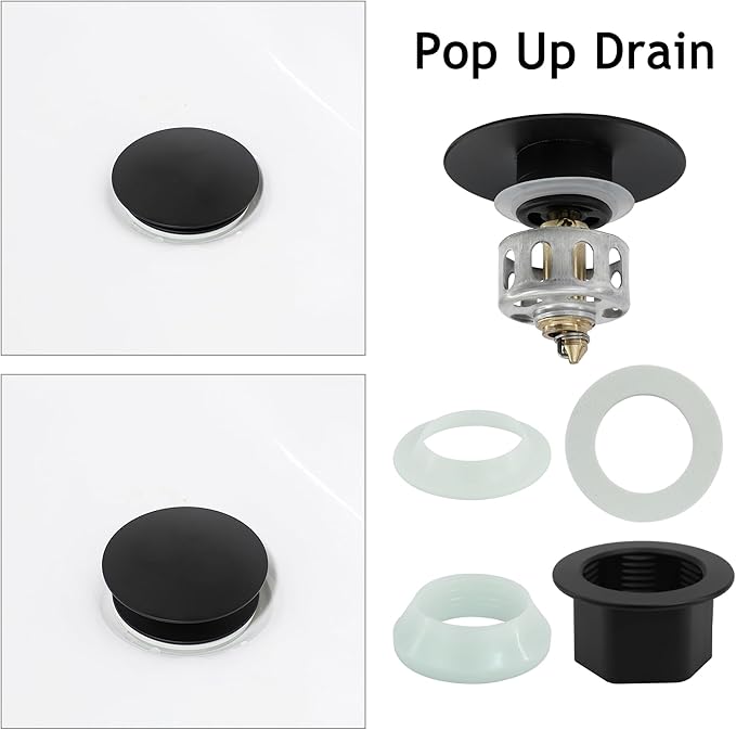 Bathroom Sink Drain,2 Pack Drain Stopper with Overflow,Pop Up Drain Assembly with Detachable Strainer Basket,Built-in Anti-Clogging, Stainless Steel Nut Mattle Black