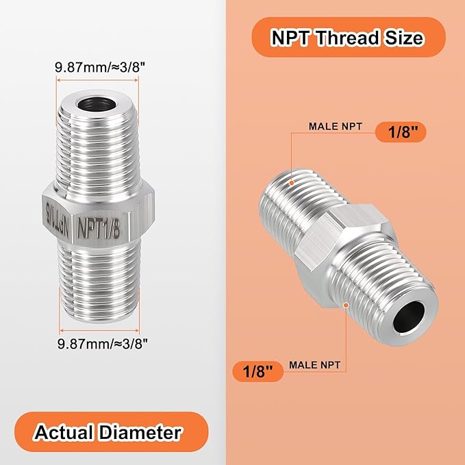 5 Pack 304 Stainless Steel Male to Male Adapter, 1/8" Male NPT x 1/8" Male NPT Hex Nipple Pipe Extension Fitting for Industrial, Automotive, Fluid Transfer, Home Gardening, Water