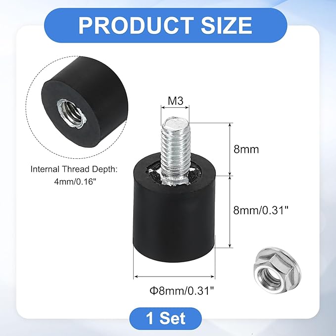 uxcell M3 Rubber Mounts, 1Pcs 8x8mm(DxH) Rubber Cylindrical Anti Vibration Isolator Shock Absorber with Lock Nuts for Car Bobbin Generator Air Compressors