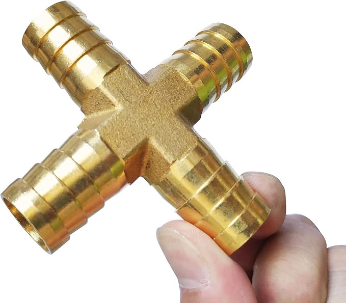 2PCs 3/4" Brass Hose Barb Fitting 4 Way Cross Barbed Splicer Mender Union Fitting with 8PCs Hose Clamp for Oil Water Air