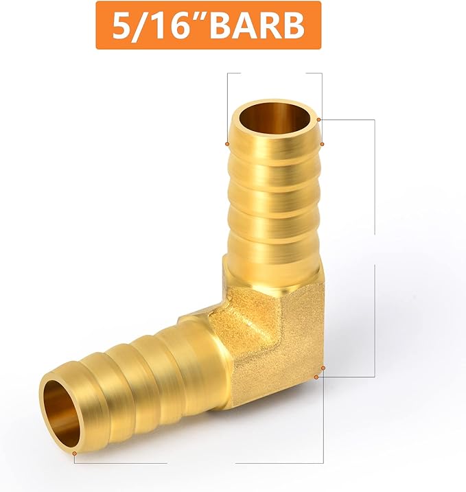 GASHER 10 Pieces Brass Hose Barb Reducer, 5/16 Inch to 5/16 Inch Hose ID 90 Degree L Right Angle Elbow with 20 Hose Clamps, Brass Barb Reducer SPLICER Fitting Fuel/AIR/Water/Oil/Gas/WOG