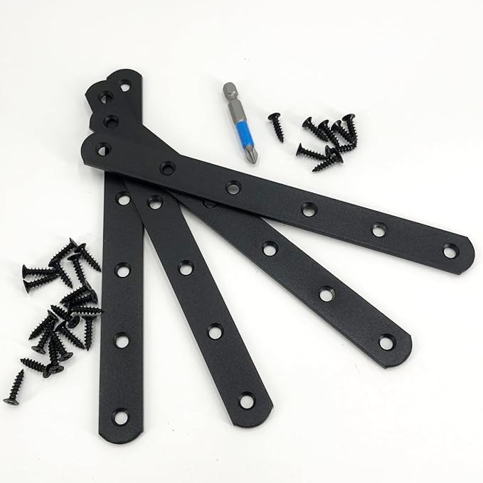 QSJ 4 Pcs Black Straight Bracket Brace Stainless Steel Brackets 195mm / 7.67" Brace for Wood with Screws and Screwdriver