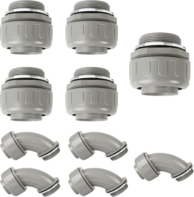 Conduit Connectors, 2 Inch Liquid Tight Connector NPT Non-Metallic for PVC Electrical Flexible Conduit Fittings, 5 Straight and 5 Angle 90 Degree, UL Listed, Grey (10-Pack)