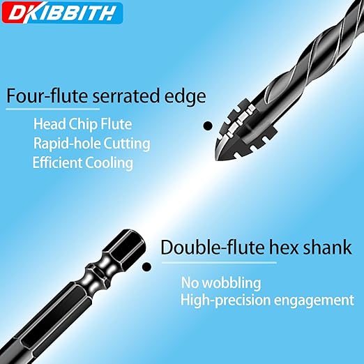 DKIBBITH 4-Flute Serrated Masonry Drill Bit Set 5-Piece Black- 3/16",1/4",5/16",3/8" to 1/2" for Concrete, Tile, Brick, Glass, Ceramic.