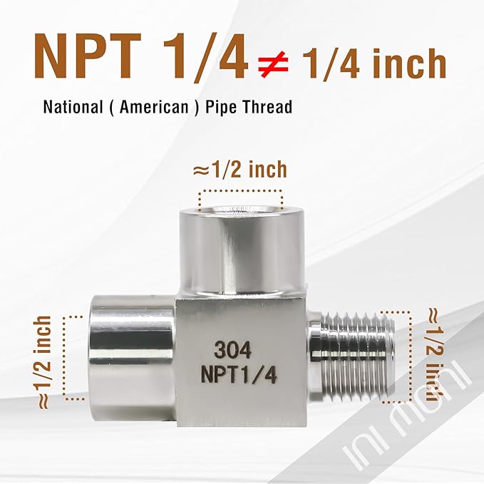 3 way tee pipe fitting 1/4 NPT male run tee, 304 stainless steel T adapter, street pipe connector for vacuum chamber/pressure gauge, 4350 psi