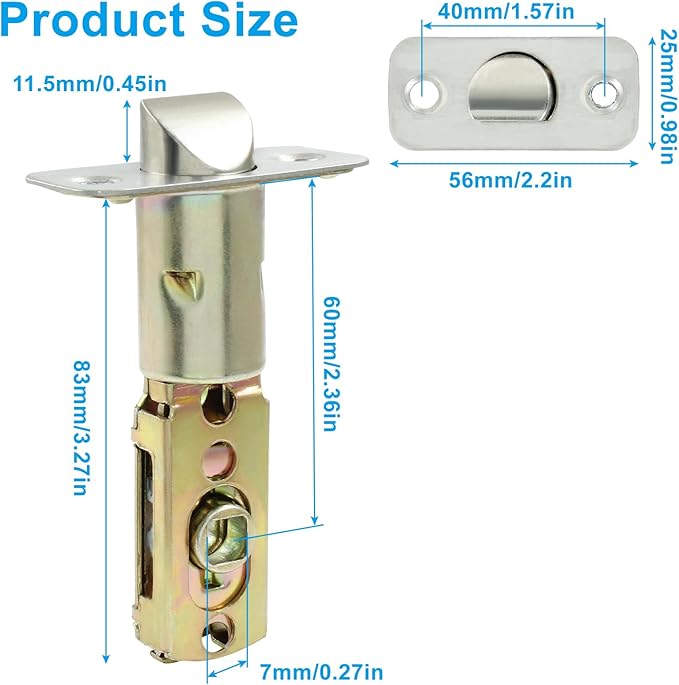 Tubular Mortice Latch, Passage Door Latch, Adjustable Square Latch Size 60/70mm, Replacement Entry Latch for Lever Door Handles, Internal Door Handles