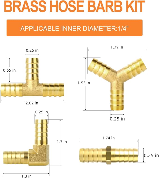 GASHER 20 Pieces 1/4 Inch Brass Hose Barb Set, 90 Degree L Right Angle Elbow, Y-Shape Air Hose, Tee Hose Barb, Fuel/AIR/Water/Oil/Gas/WOG