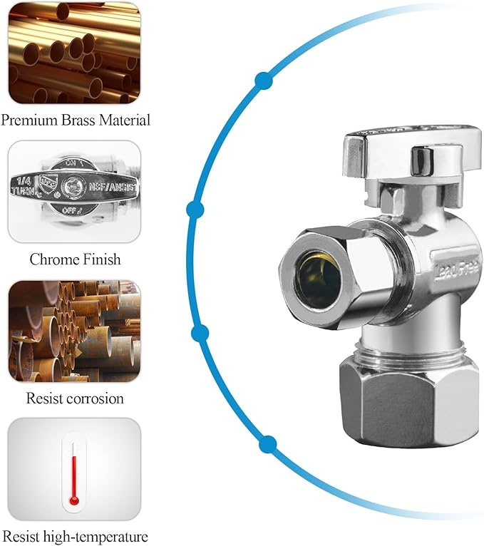 WiseWater Angle Stop Valve 1/2" Nominal (5/8" OD) x 3/8" Compression, 1/4 Turn Toilet Shut Off Reinforced Chrome Plated Brass Fittings for Bathroom, Toilet, Kitchen (5-Pack)