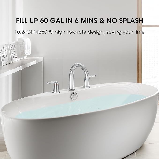 High Flow Roman Tub Faucet with Valve, Widespread Solid Brass 3 Hole Bathtub Faucet, 2 Handle Deck Mount Bath Tub Filler with Supply Water Hoses, Polished Chrome