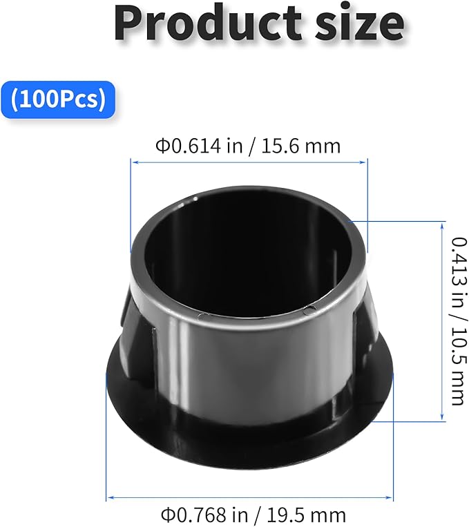 100 Pcs OD 0.614"(15.6mm) Black Hole Knockout Locking Plugs,Plastic Nylon Round Drilling Hole Plugs,Flush Type Panel Round Snap in Fastener,Tube Fastener Cover for Furniture Insert End Caps