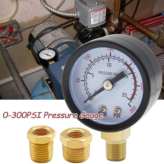 Pressure Gauge 0-300PSI 1-1/2" Dial Stainless Steel Case 1/8" NPT Male Brass Bottom Mount Include 1/2" NPT and 3/8" NPT Connector Universal Multifunctional
