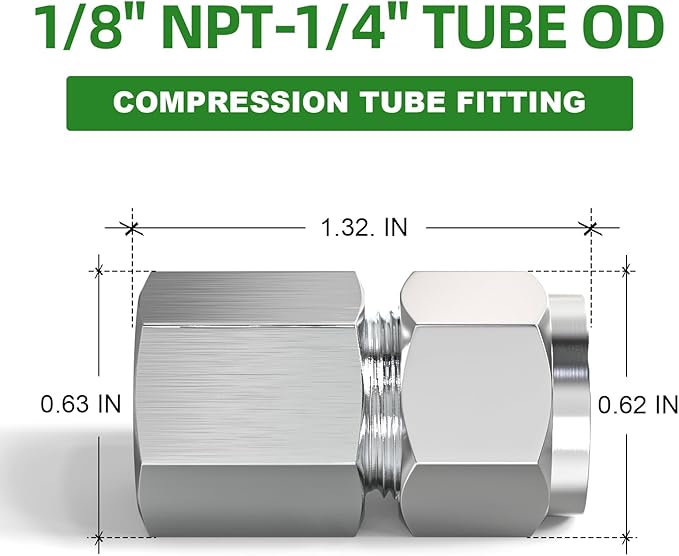 TAISHER 5PCS 304 Stainless Steel Compression Tube Pipe Fitting Connector, 1/4" Tube OD x 1/8" NPT Female Straight Adapter