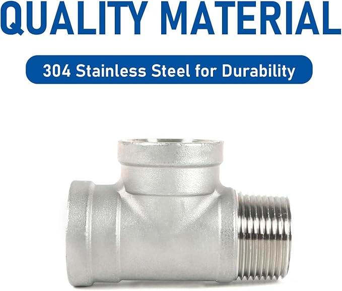 Kodilin Pipe Fittings 304 Stainless Steel Tee Pipe Fittings, Male Run Tee 1/4" NPT Female x 1/4" NPT Female x 1/4" NPT Male Thread Adapter - 4PCS