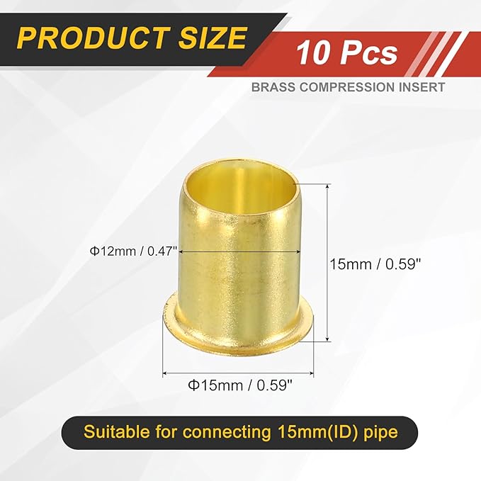 uxcell 10Pcs Fit for 12mm(1/2") Tube ID Brass Compression Fitting, Insert Tube Support Compression Sleeve Fitting, Sleeve Ferrules for Water Oil Air Pipe