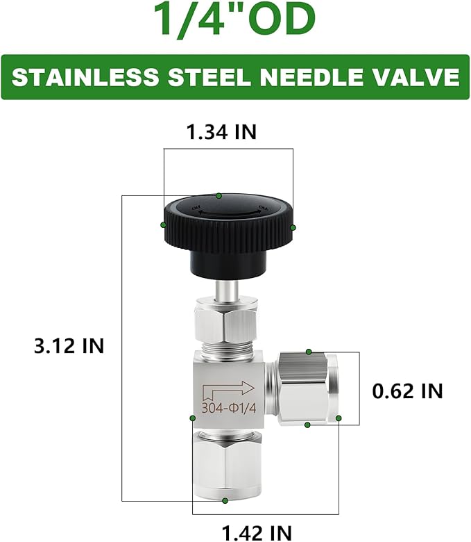 TAISHER 1PCS 304 Stainless Steel Compression Tube Square 90 Degree Needle Valve 1/4"" Tube OD x 1/4"" Tube OD For Flow Control Water Gas Oil, Silver