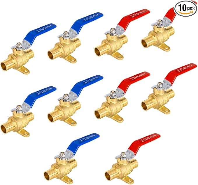 10-Pack EFIELD 3/4-inch Crimp Pex Full Port Shut-off Brass Ball Valve with Drop-ear, Red and Blue Levels, ASTM F1807,(VALVE217-10PCS)