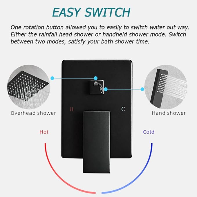 Matte Black Shower System Bathroom Luxury Rain Mixer Shower Combo Set Wall Mounted Rainfall Shower Head System Shower Faucet Rough-in Valve Body and Trim Kit