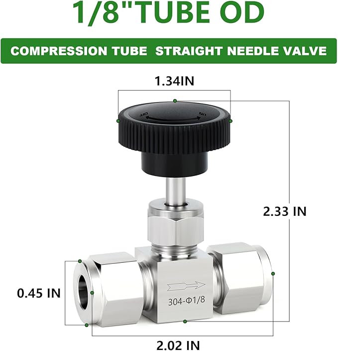 TAISHER 1PCS 304 Stainless Steel Compression Tube Square Straight Needle Valve 1/8" Tube OD x 1/8" Tube OD For Flow Control Water Gas Oil