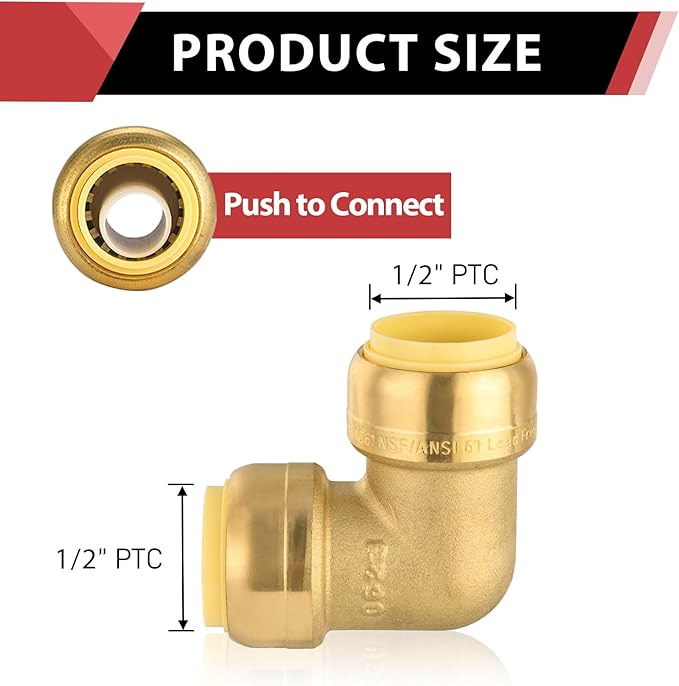 (Pack of 12) EFIELD 1/2-inch 90-Degree Elbow, Push-Fit Brass Fittings to Connect Copper, PEX, CPVC Pipe with 1/2" Disconnect Clip, UPC Certified,(PF-UNI009)