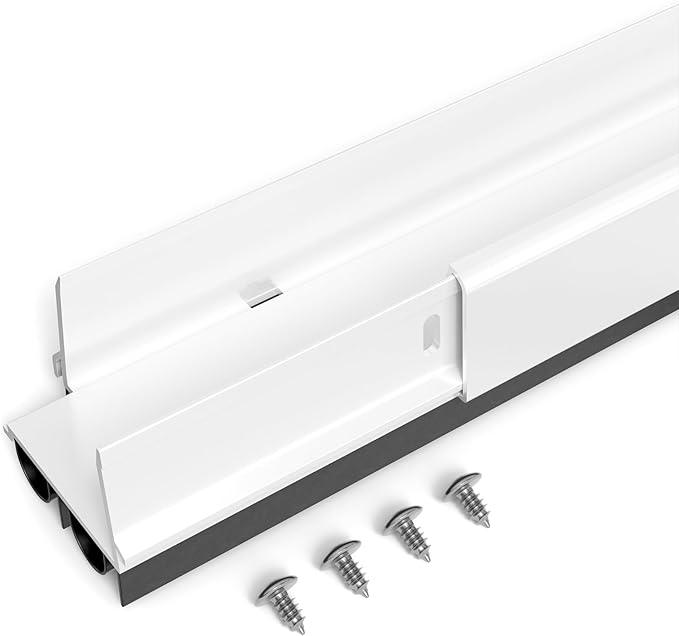 36 Inch White, Adjustable Double Bubble Door Sweep for Exterior Doors, Under Door Seal with Drip Edge and Punched Drainage Channel, Pre-notched for Weatherstripping, Trim-to-Fit, Paintable Screw Cover