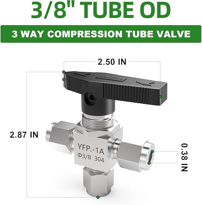 TAISHER 1PCS 304 Stainless Steel 3 Way Compression Tube Valve, 3/8" Tube OD x 3/8" Tube OD x 3/8" Tube OD Adapter