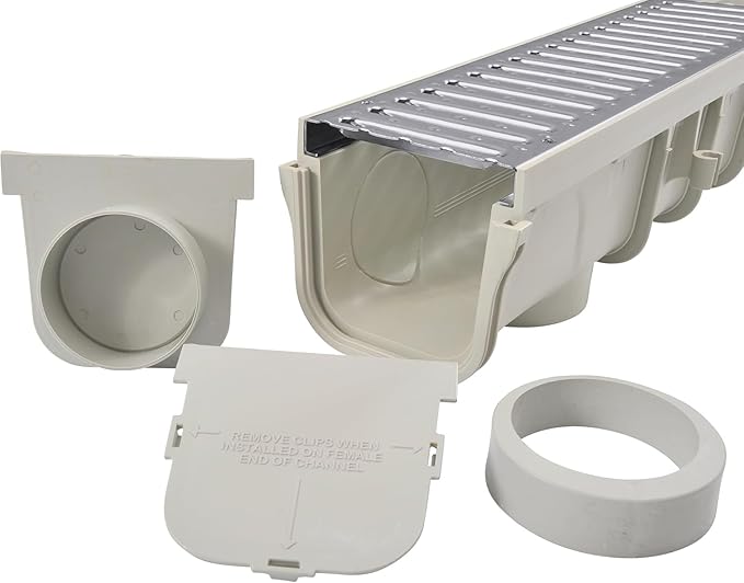 NDS Pro Series Channel Drain Kit, 5-1/2 in. X 39-3/8 in. Deep Profile Channel, Galv. Steel Grates, End Caps/Outlet, 5 in.
