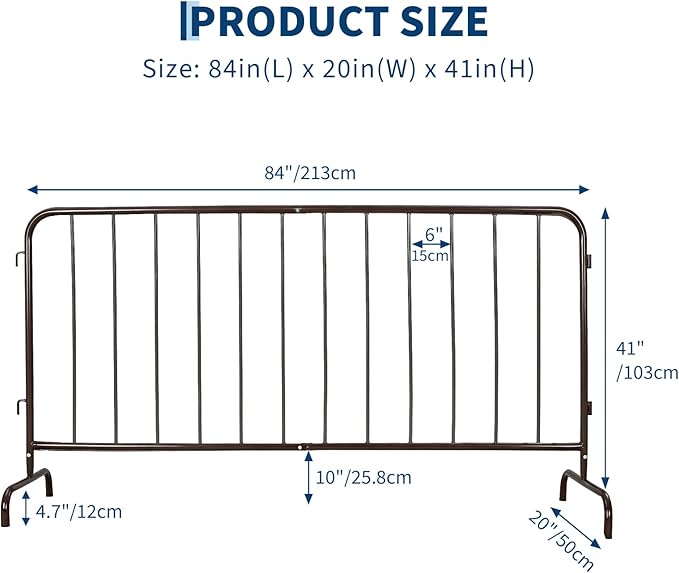 Interlocking Steel Barricade, 7 Ft. Heavy Duty Galvanized Metal Barricade, Interlocking Steel Road Barriers with with Bridge Feet Base, for Crowd Control Event Fencing Indoor/Outdoor, Brown