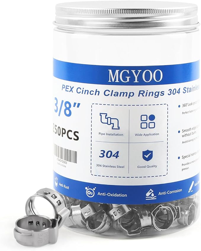 3/8 inch Pex Clamps 250pcs Pex Crimp Rings Single Ear Hose Clamps Stainless Steel Pex Fittings Cinch Clamp Ring for PEX Pipe Tubing